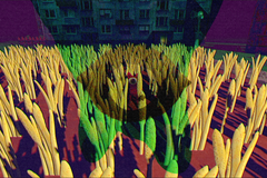 Screenshot from the game Sen z Úst, depicting a small red humanoid character, with one big eye on it's head. The screenshot is overlayed with the scaled-up, upside-down version of the same character, with substracted colours.